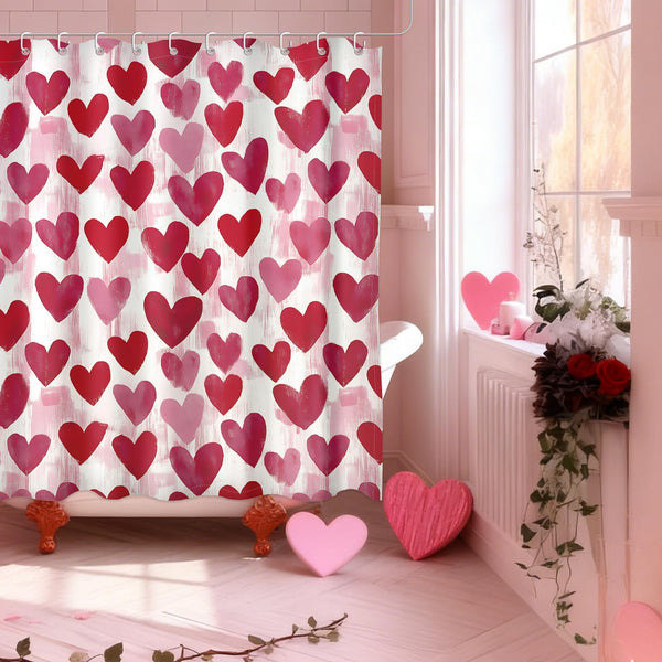 Watercolor Heart Valentines Shower Curtain, 70.8"Valentines Day Coquette Decor Pink Bathroom Curtain Set