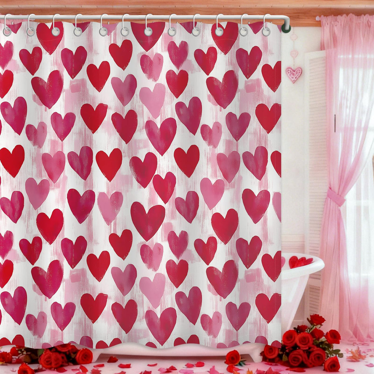Watercolor Heart Valentines Shower Curtain, 70.8"Valentines Day Coquette Decor Pink Bathroom Curtain Set