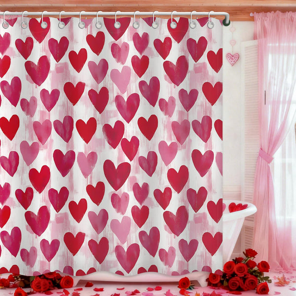 Watercolor Heart Valentines Shower Curtain, 70.8"Valentines Day Coquette Decor Pink Bathroom Curtain Set
