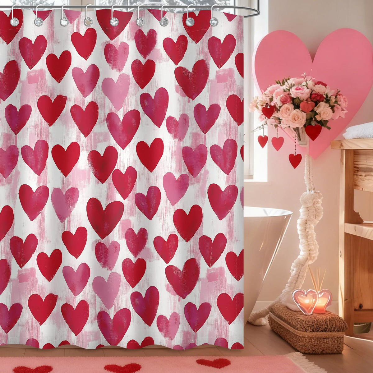 Watercolor Heart Valentines Shower Curtain, 70.8"Valentines Day Coquette Decor Pink Bathroom Curtain Set