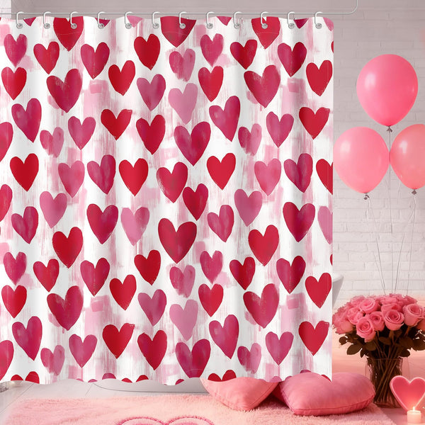 Watercolor Heart Valentines Shower Curtain, 70.8"Valentines Day Coquette Decor Pink Bathroom Curtain Set