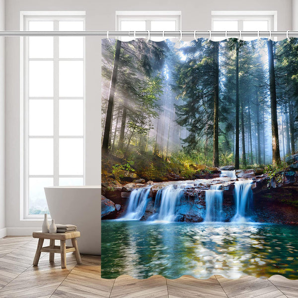 70.8" Waterfalls Shower Curtains Outdoor Natural Scenery Forest Sunshine Tree Plant Landscape Courtyard