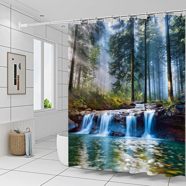 70.8" Waterfalls Shower Curtains Outdoor Natural Scenery Forest Sunshine Tree Plant Landscape Courtyard