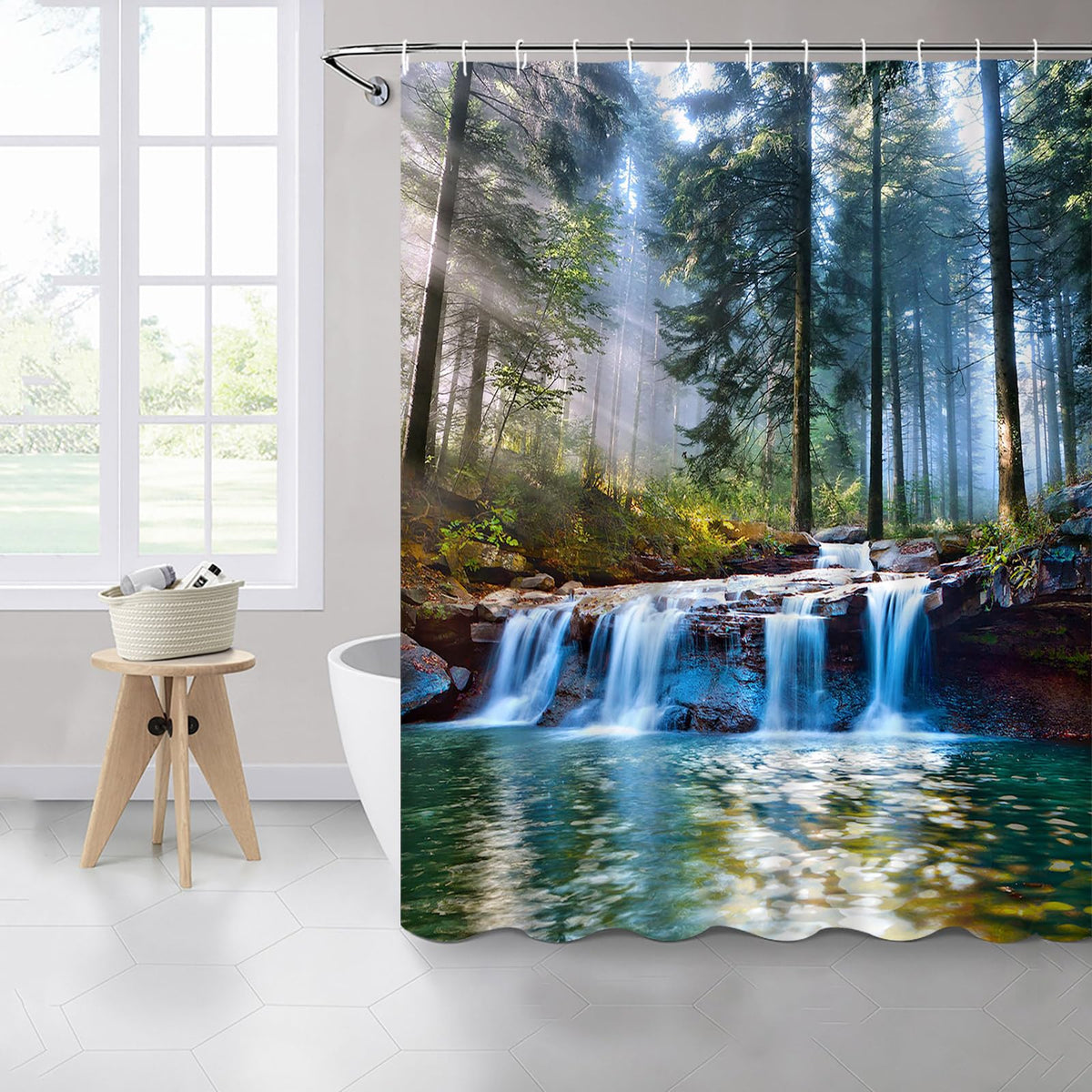 70.8" Waterfalls Shower Curtains Outdoor Natural Scenery Forest Sunshine Tree Plant Landscape Courtyard