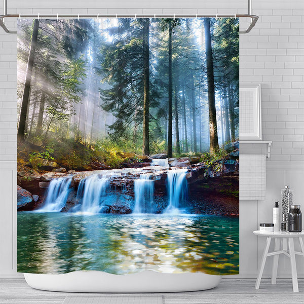 70.8" Waterfalls Shower Curtains Outdoor Natural Scenery Forest Sunshine Tree Plant Landscape Courtyard