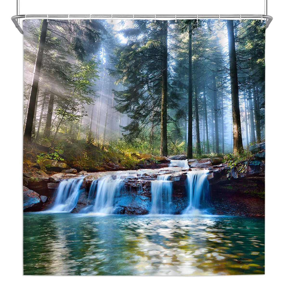 70.8" Waterfalls Shower Curtains Outdoor Natural Scenery Forest Sunshine Tree Plant Landscape Courtyard
