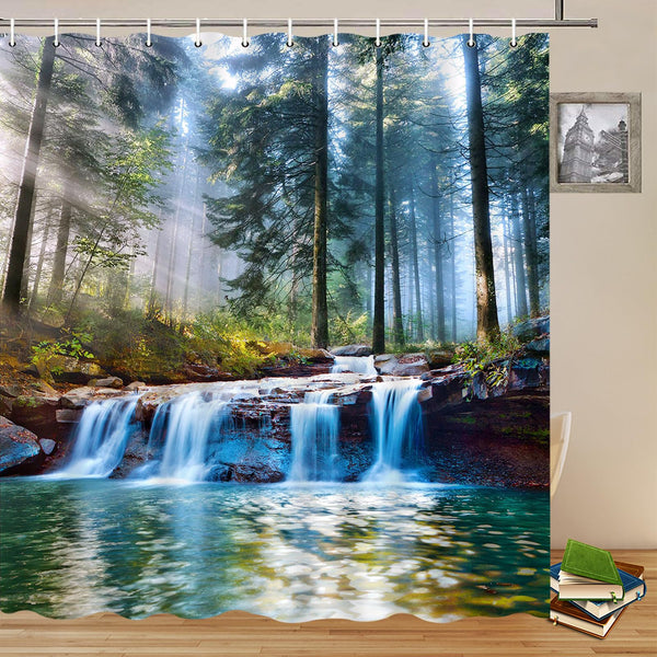 70.8" Waterfalls Shower Curtains Outdoor Natural Scenery Forest Sunshine Tree Plant Landscape Courtyard