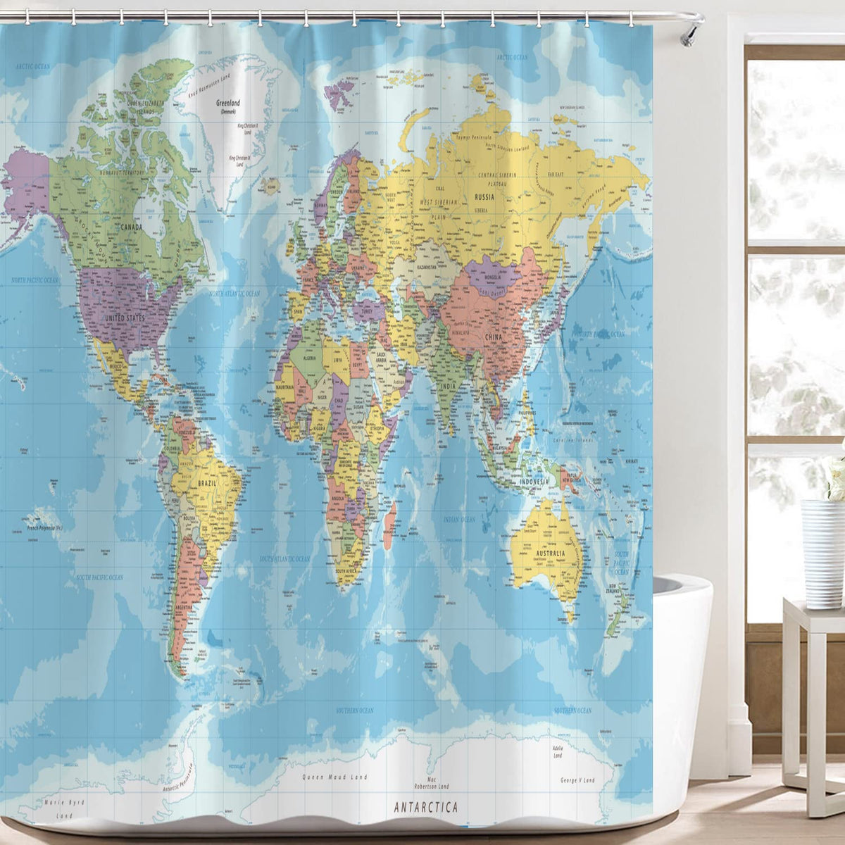 70.8"World Map Shower Curtain, Countries and Cities Geography Educational Shower Curtain