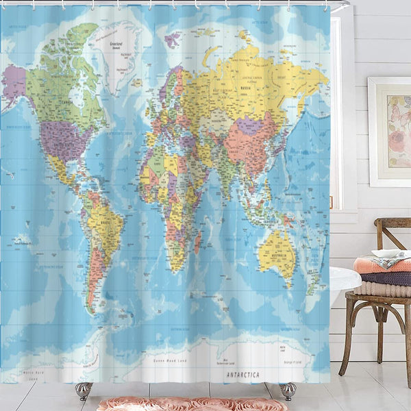 70.8"World Map Shower Curtain, Countries and Cities Geography Educational Shower Curtain