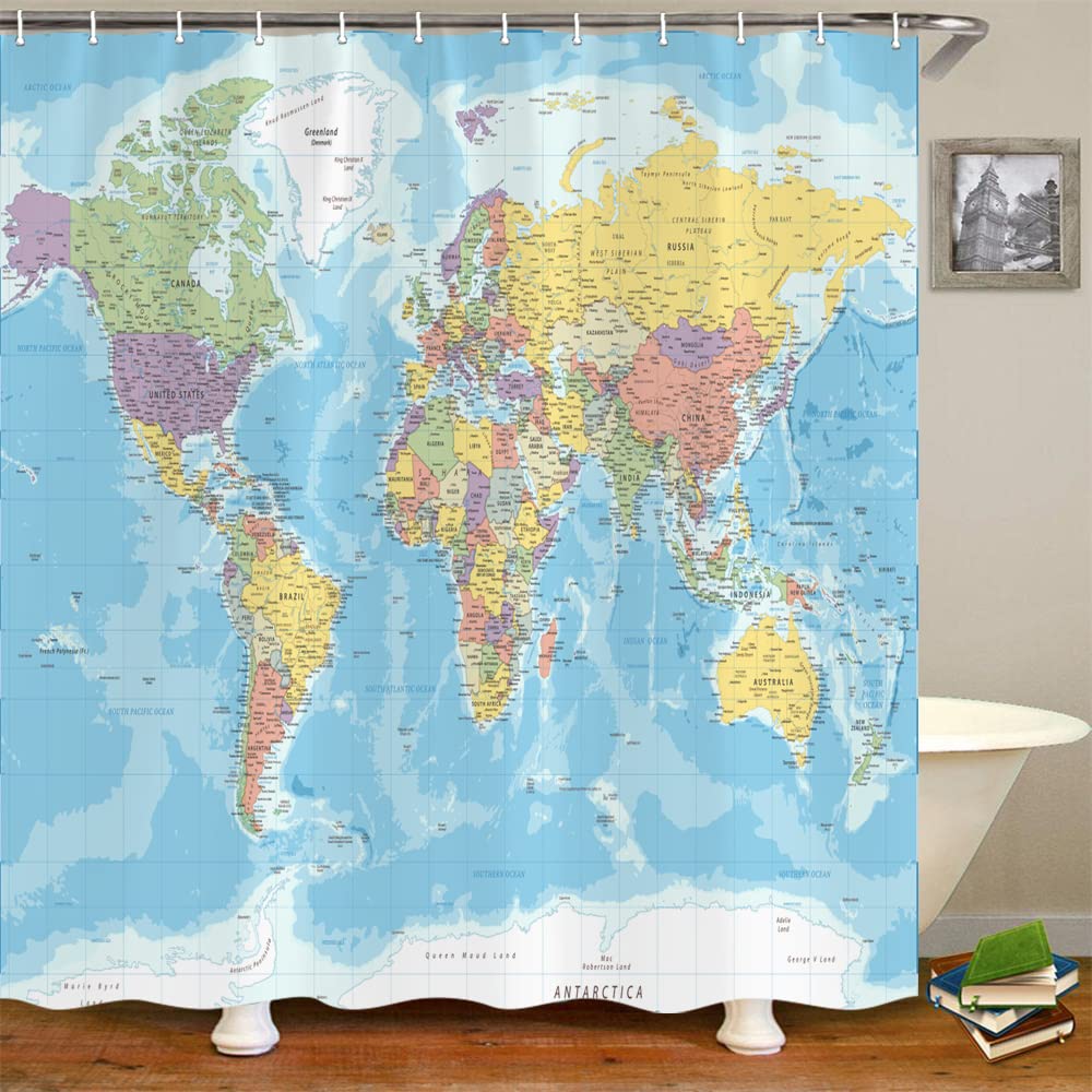 70.8"World Map Shower Curtain, Countries and Cities Geography Educational Shower Curtain