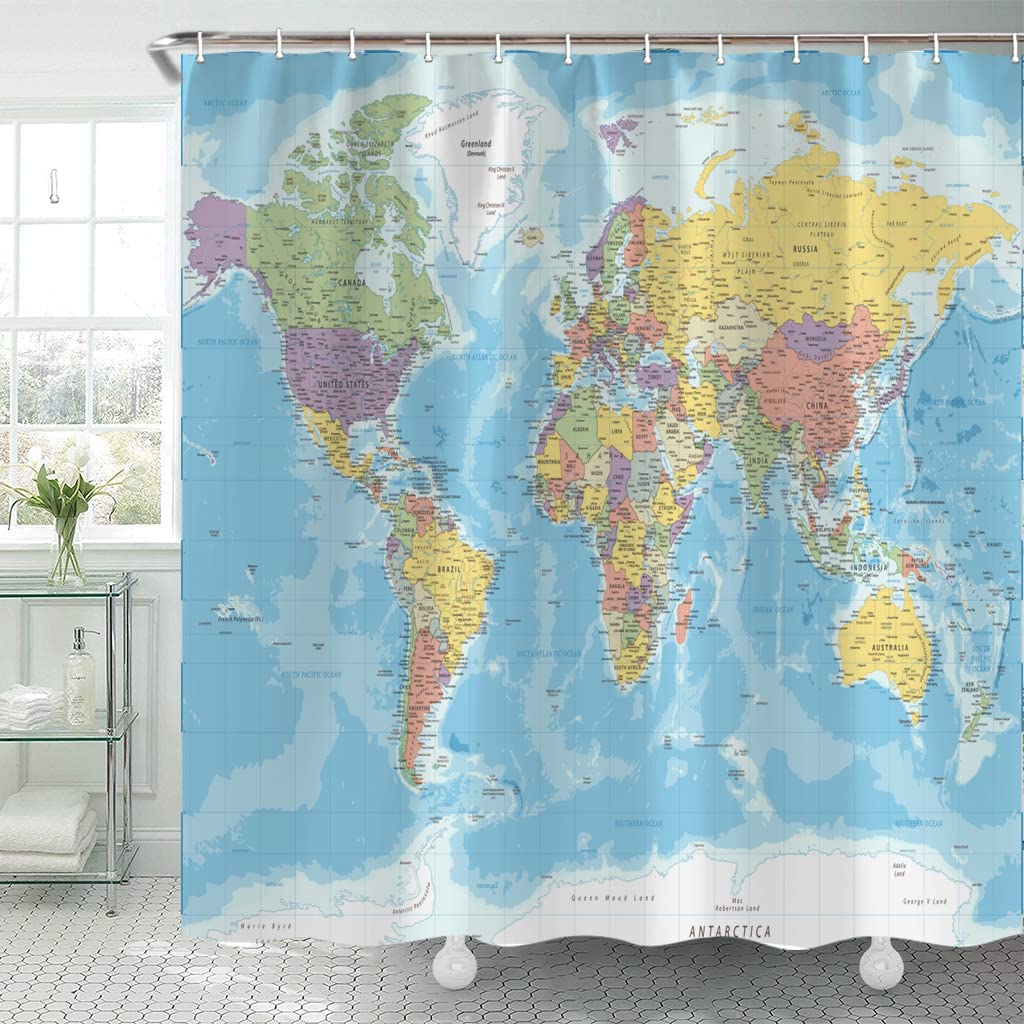 70.8"World Map Shower Curtain, Countries and Cities Geography Educational Shower Curtain