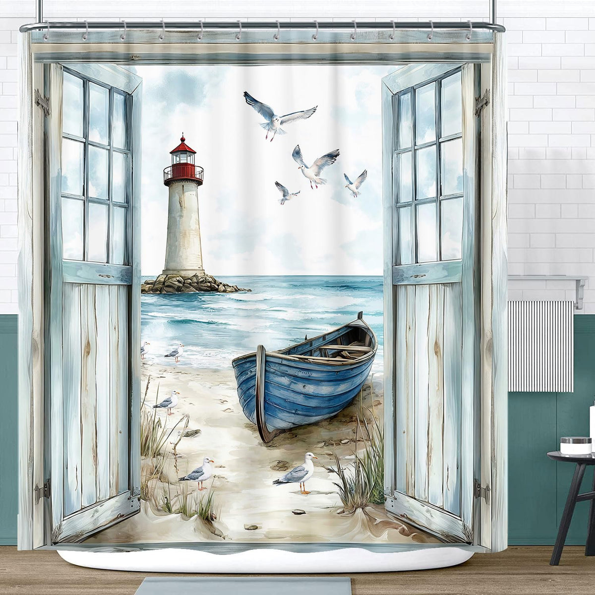 Coastal Beach Shower Curtain 70.8", Nautical Lighthouse Sailboat Ocean Seaside Seascape Shower Curtain