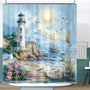 Nautical Coastal Lighthouse Shower Curtain, Blue Boho Ocean Beach Lighthouse Seascape Shower Curtain 70.8"