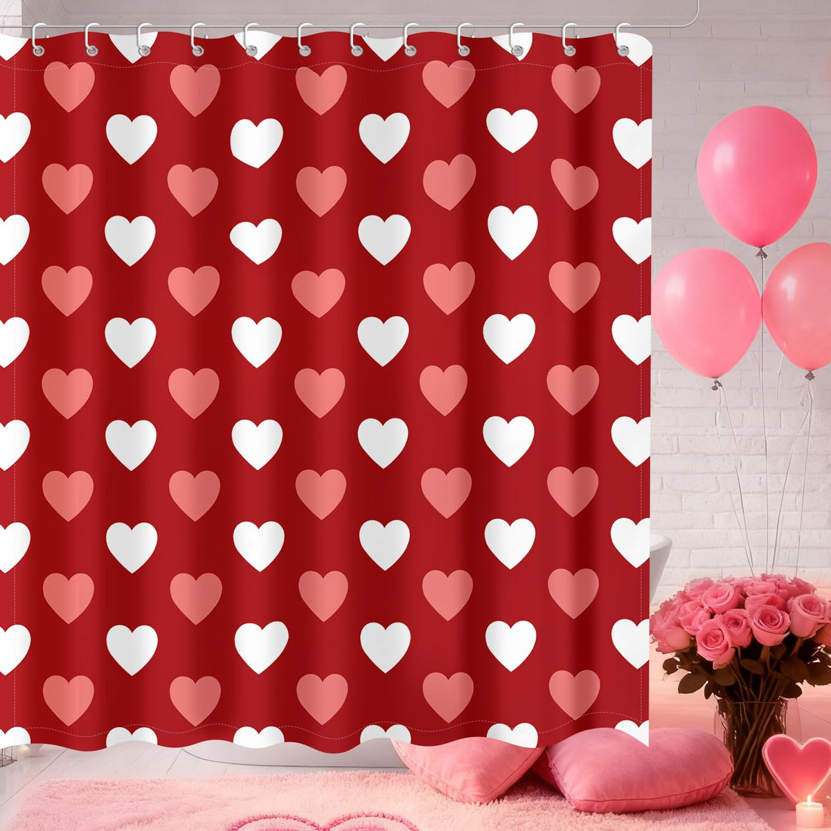 Valentines Shower Curtain, Valentines Day Decor Red Heart Bathroom Curtain Set 70.8"x70.8"