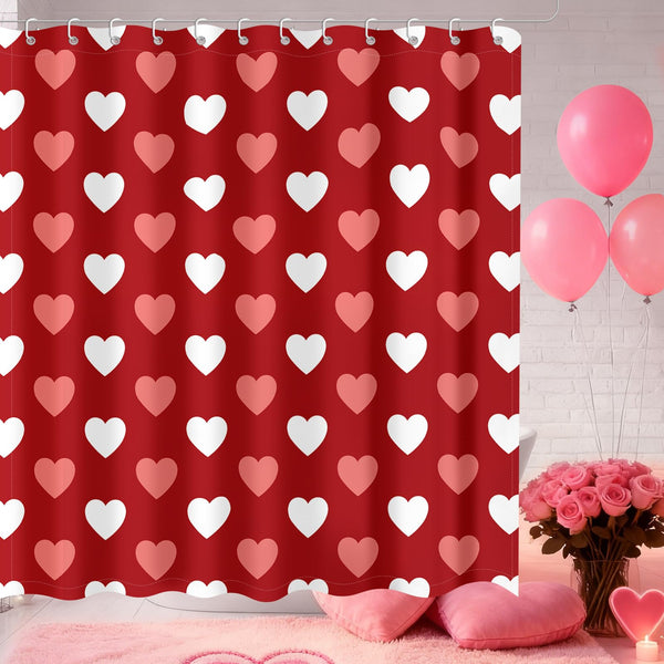 Valentines Shower Curtain, Valentines Day Decor Red Heart Bathroom Curtain Set 70.8"x70.8"