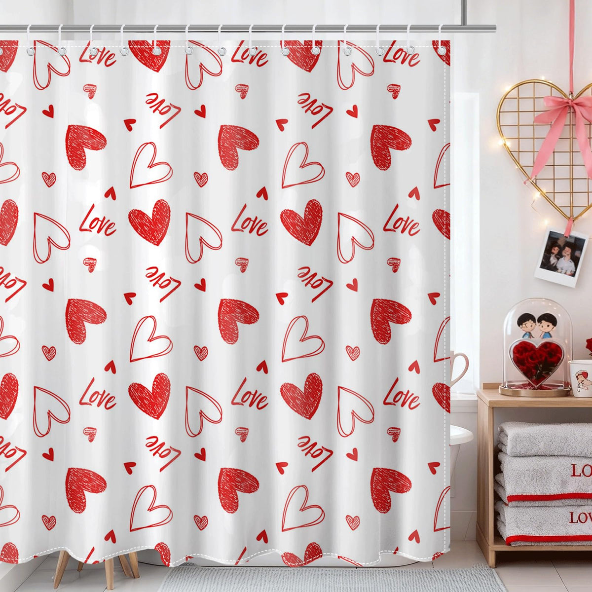 70.8"x70.8" Valentines Shower Curtain Red Heart Sweet Love Bath Curtain for Valentines Day Bath Decorations