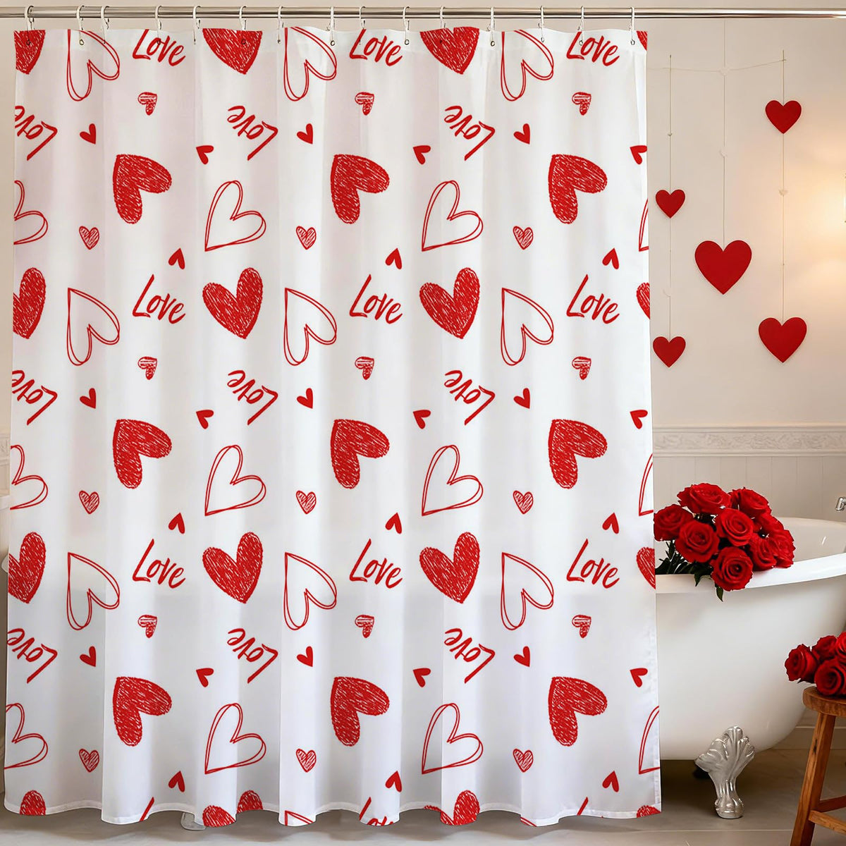 70.8"x70.8" Valentines Shower Curtain Red Heart Sweet Love Bath Curtain for Valentines Day Bath Decorations