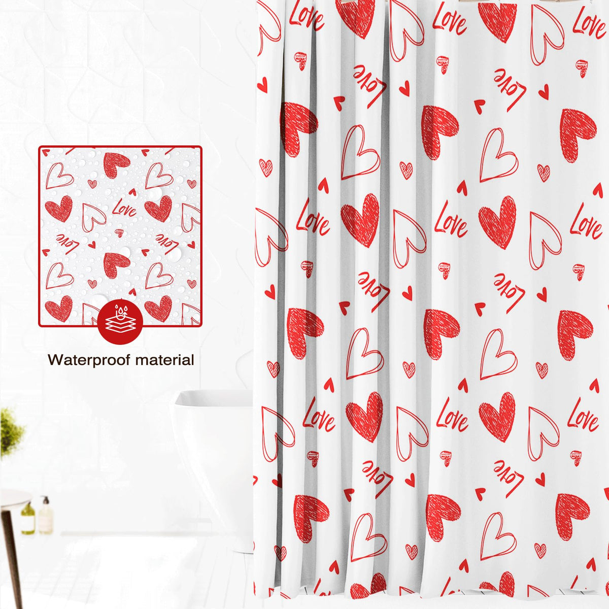 70.8"x70.8" Valentines Shower Curtain Red Heart Sweet Love Bath Curtain for Valentines Day Bath Decorations