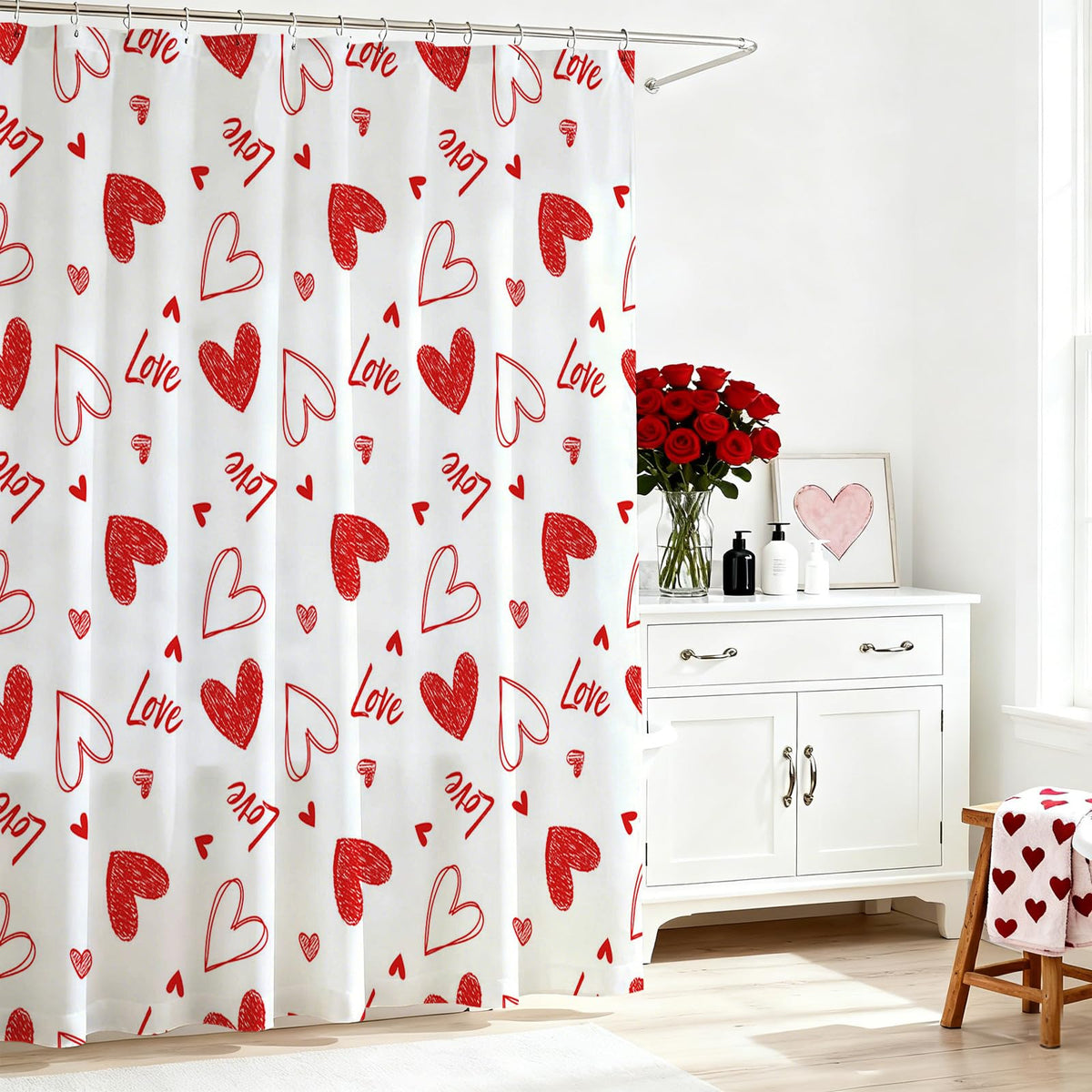 70.8"x70.8" Valentines Shower Curtain Red Heart Sweet Love Bath Curtain for Valentines Day Bath Decorations
