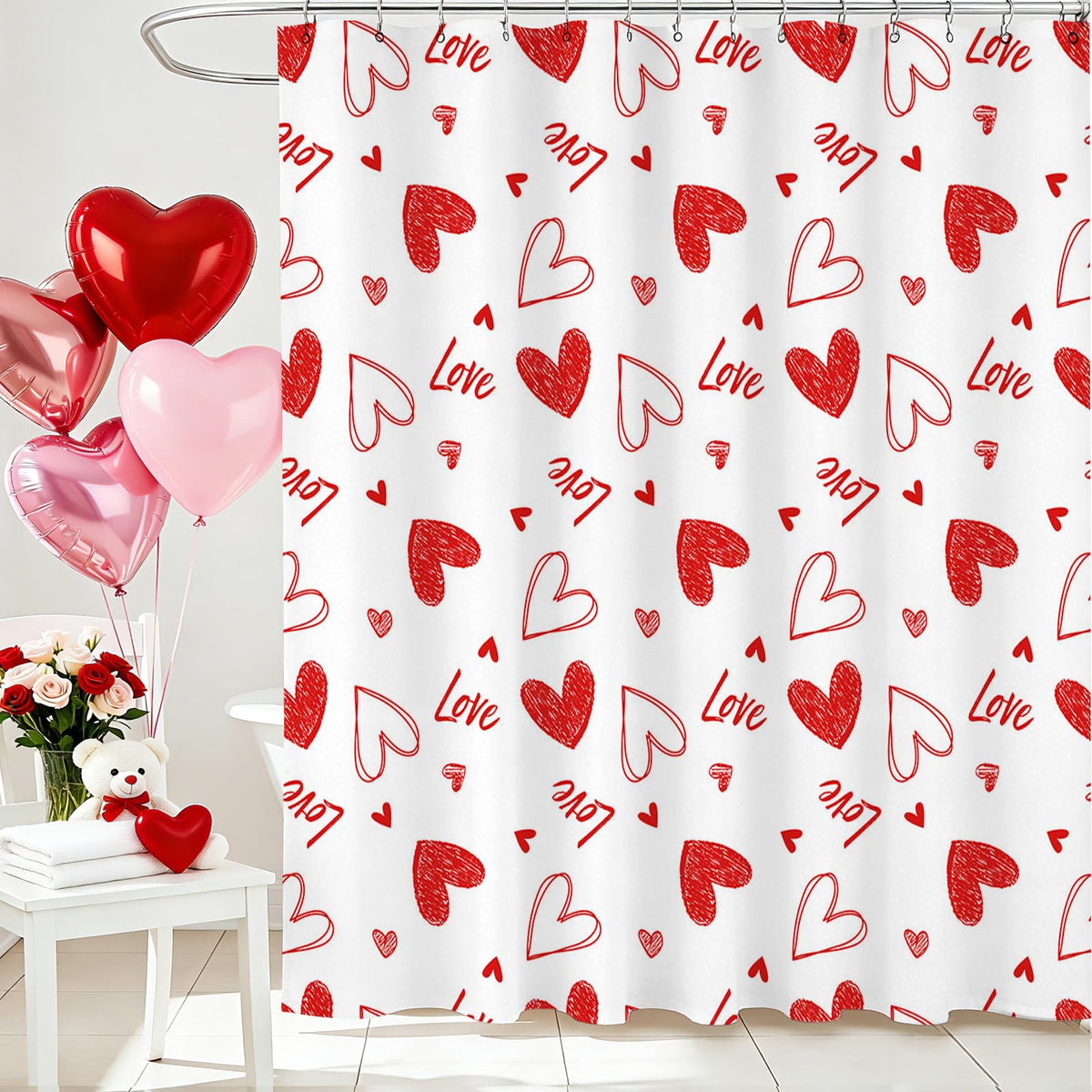 70.8"x70.8" Valentines Shower Curtain Red Heart Sweet Love Bath Curtain for Valentines Day Bath Decorations