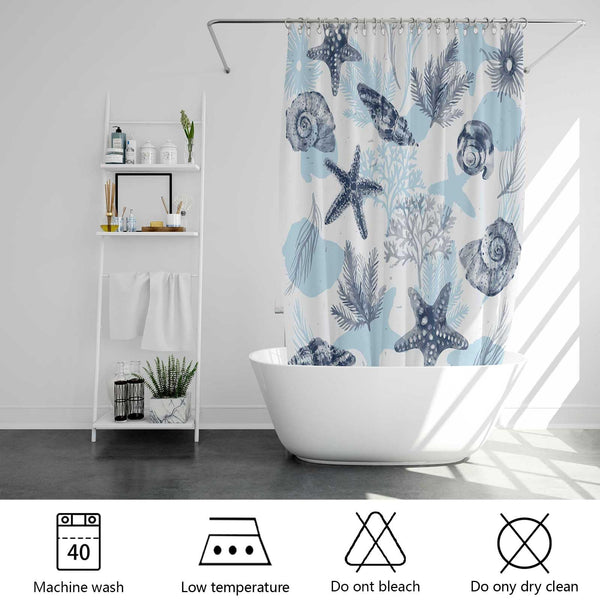 Coastal Beach Shower Curtian, Starfish Coral Seashell Seashell Navy Blue, 70.8 Inch
