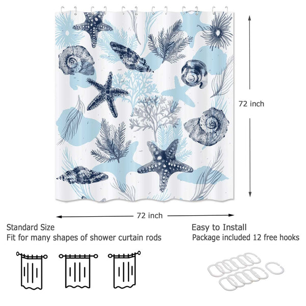 Coastal Beach Shower Curtian, Starfish Coral Seashell Seashell Navy Blue, 70.8 Inch