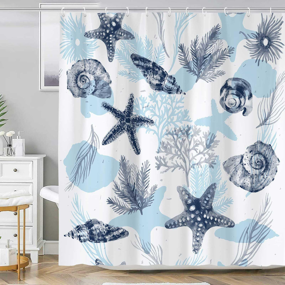 Coastal Beach Shower Curtian, Starfish Coral Seashell Seashell Navy Blue, 70.8 Inch