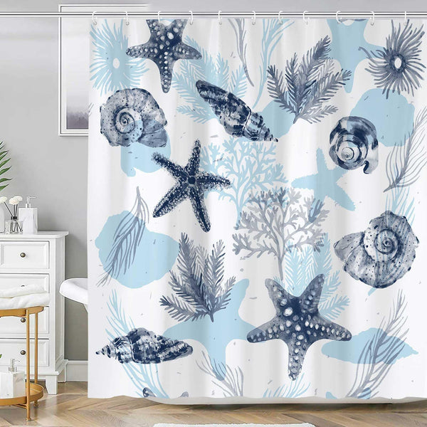Coastal Beach Shower Curtian, Starfish Coral Seashell Seashell Navy Blue, 70.8 Inch