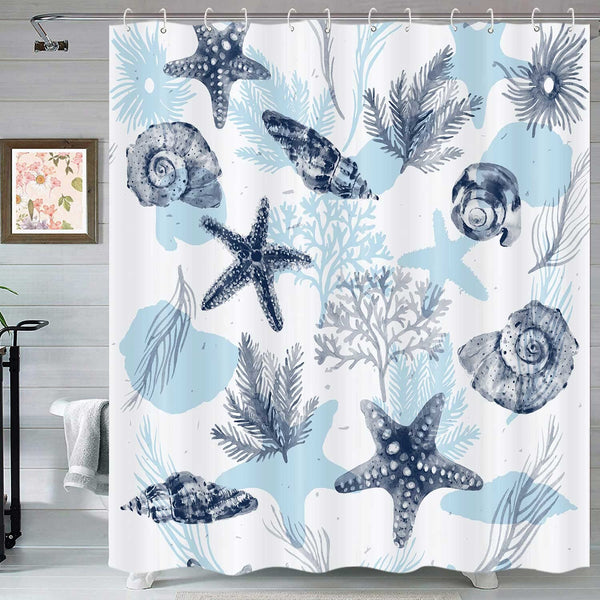 Coastal Beach Shower Curtian, Starfish Coral Seashell Seashell Navy Blue, 70.8 Inch