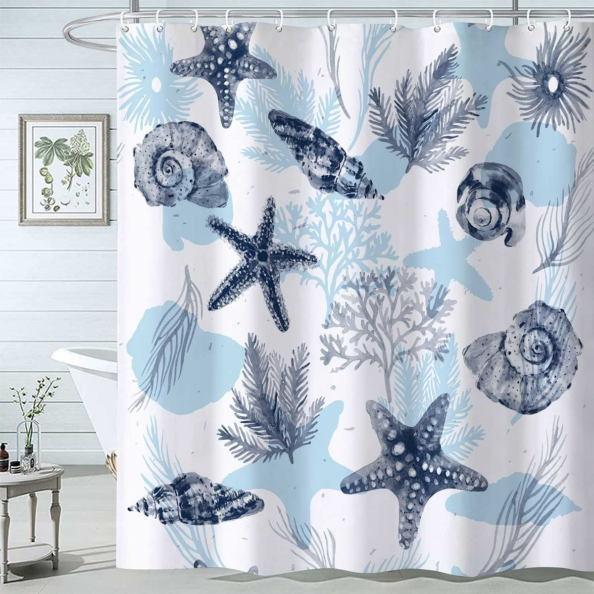 Coastal Beach Shower Curtian, Starfish Coral Seashell Seashell Navy Blue, 70.8 Inch