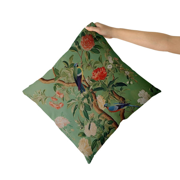 Waterproof Green Chinoiserie Pillow Cover 18x18 Inch Vintage Bird Flower Throw Pillow Covers