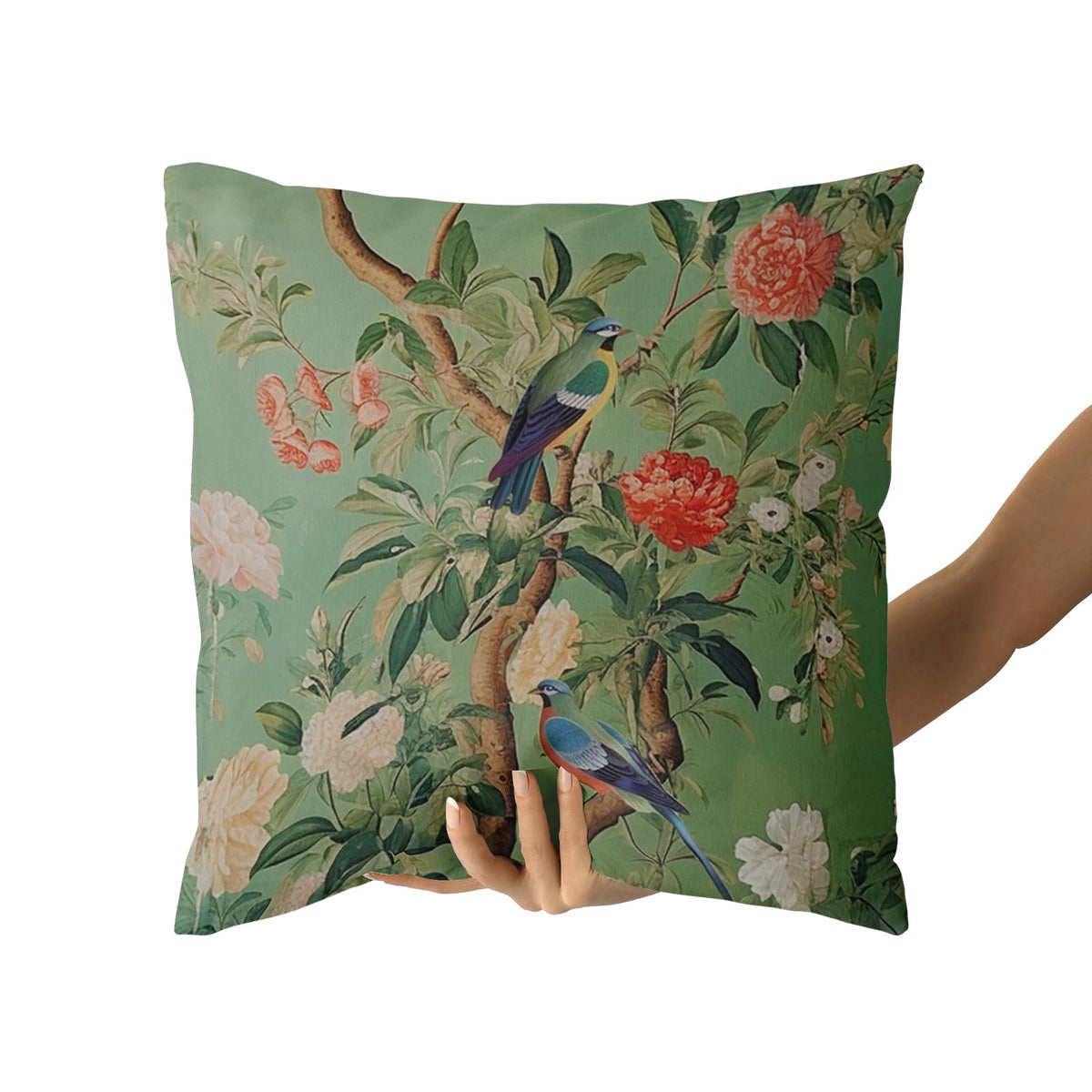 Waterproof Green Chinoiserie Pillow Cover 18x18 Inch Vintage Bird Flower Throw Pillow Covers