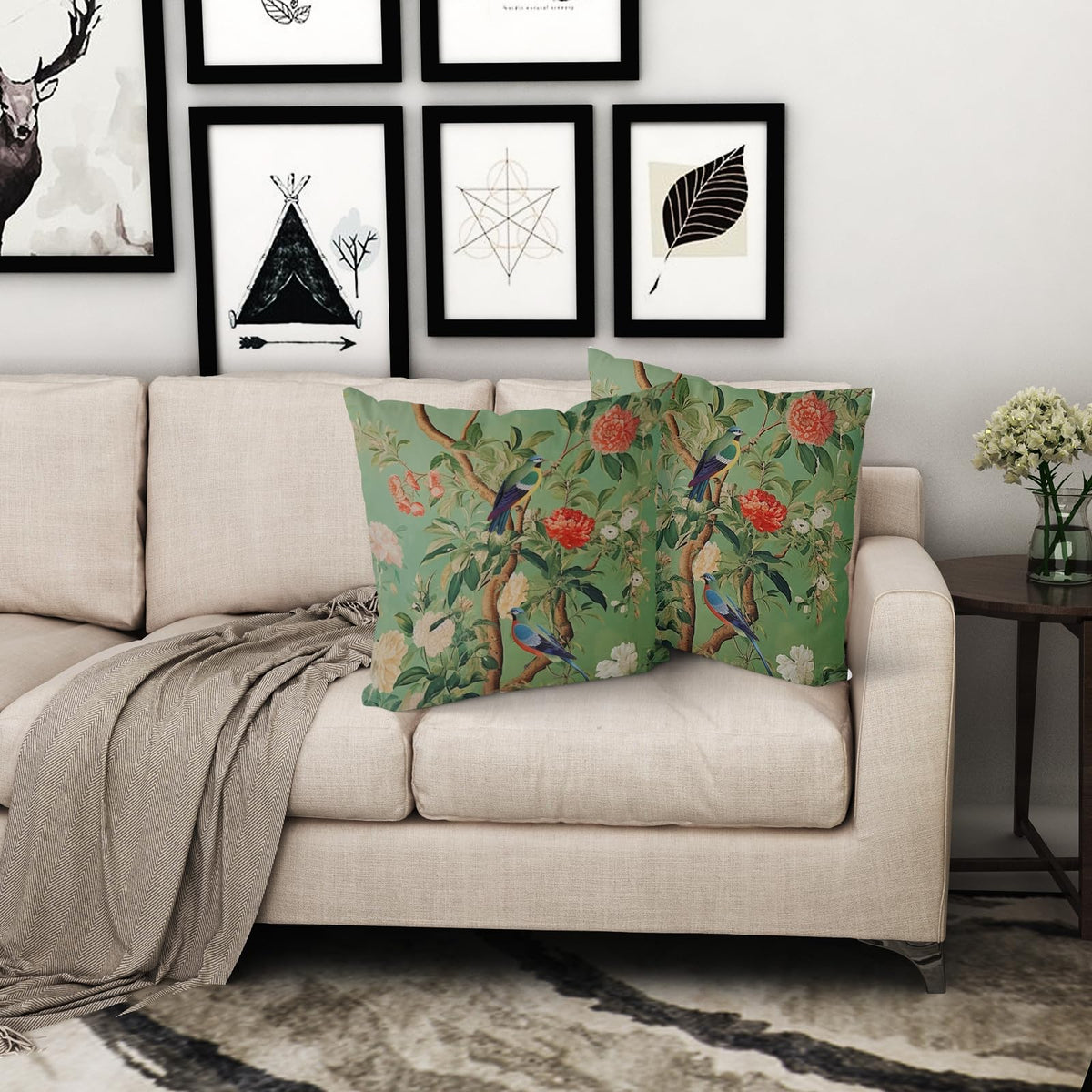 Waterproof Green Chinoiserie Pillow Cover 18x18 Inch Vintage Bird Flower Throw Pillow Covers
