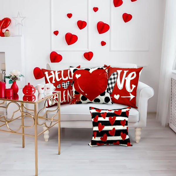 Waterproof Valentine Pillow Covers - 18x18 Polka Dot Stripes Love Heart Buffalo Plaid