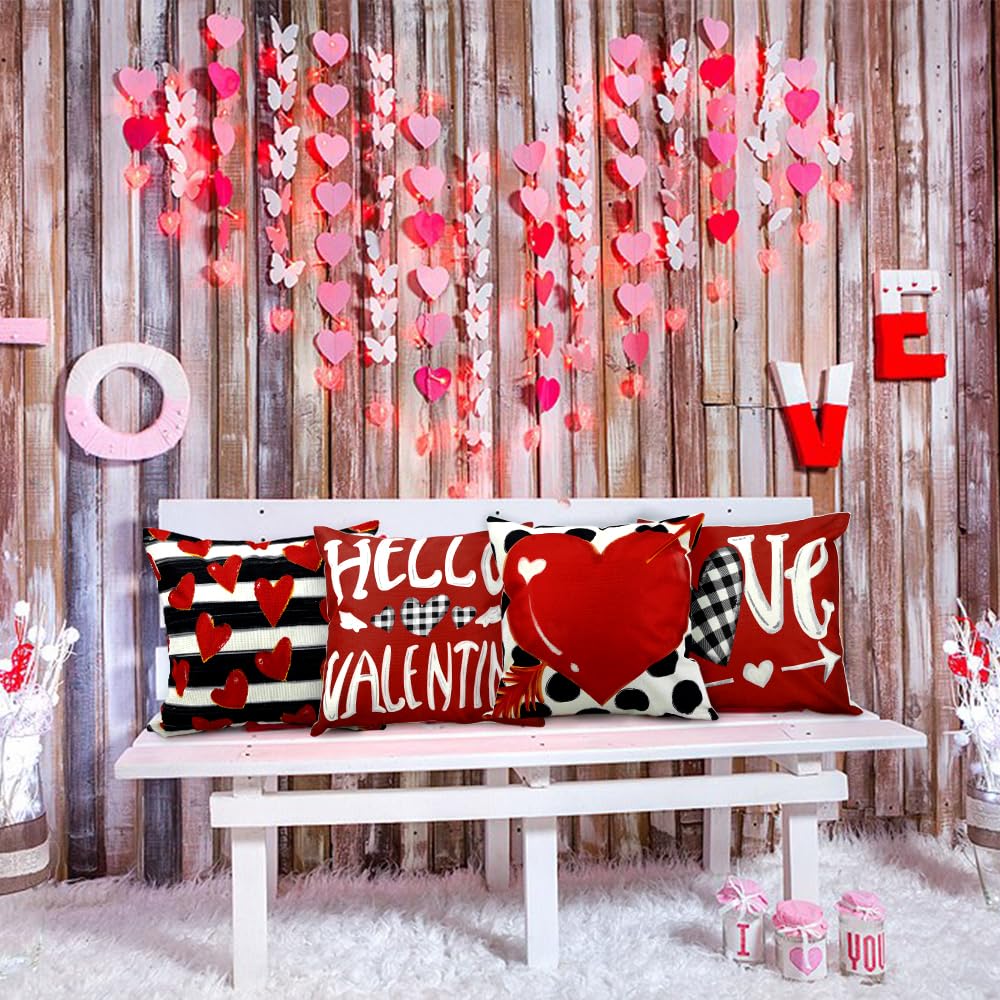 Waterproof Valentine Pillow Covers - 18x18 Polka Dot Stripes Love Heart Buffalo Plaid
