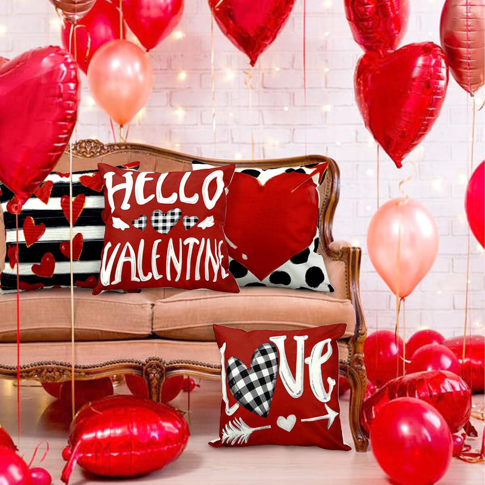 Waterproof Valentine Pillow Covers - 18x18 Polka Dot Stripes Love Heart Buffalo Plaid