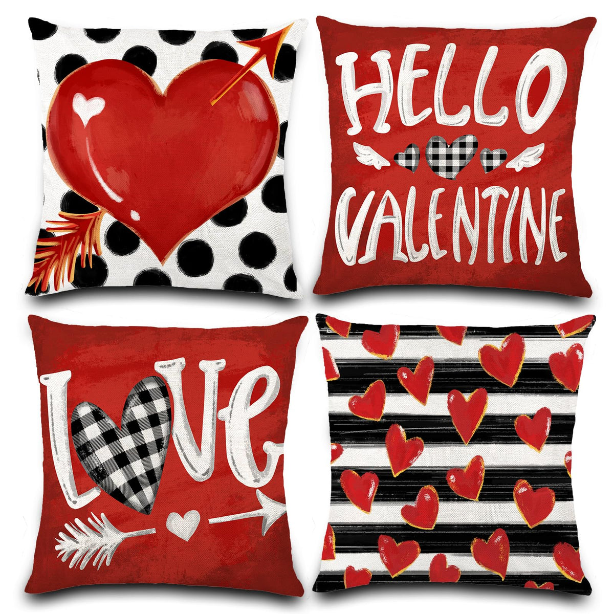 Waterproof Valentine Pillow Covers - 18x18 Polka Dot Stripes Love Heart Buffalo Plaid