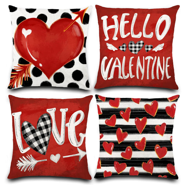 Waterproof Valentine Pillow Covers - 18x18 Polka Dot Stripes Love Heart Buffalo Plaid