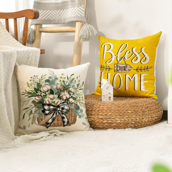 Bless Our Home Farmhouse Eucalyptus Leaves Throw Pillow Covers, 18 x 18 Inch Truck Home Sweet