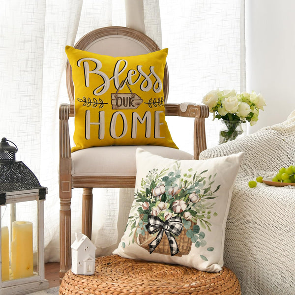 Bless Our Home Farmhouse Eucalyptus Leaves Throw Pillow Covers, 18 x 18 Inch Truck Home Sweet