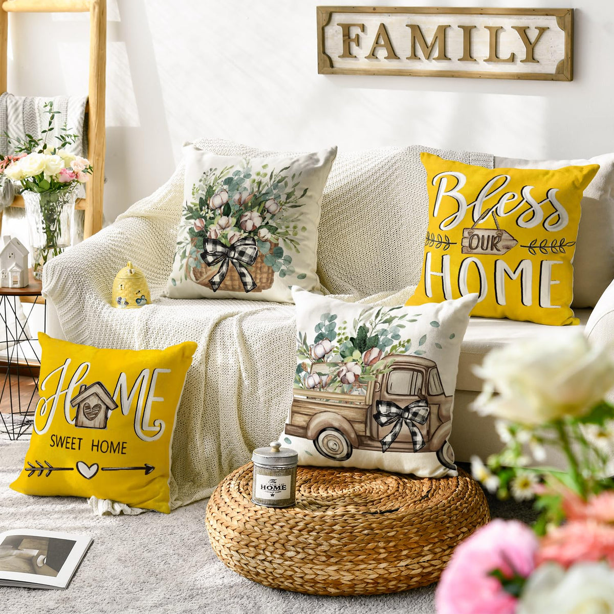 Bless Our Home Farmhouse Eucalyptus Leaves Throw Pillow Covers, 18 x 18 Inch Truck Home Sweet