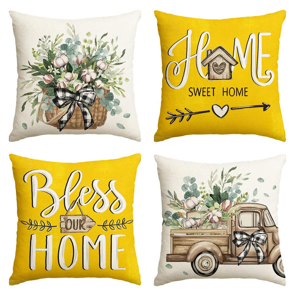 Bless Our Home Farmhouse Eucalyptus Leaves Throw Pillow Covers, 18 x 18 Inch Truck Home Sweet