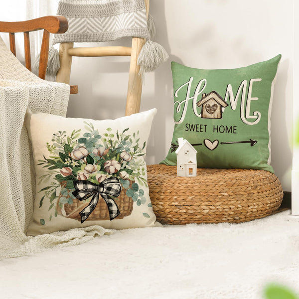 Bless Our Home Farmhouse Eucalyptus Leaves Throw Pillow Covers, 18" Truck Home Sweet