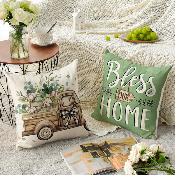 Bless Our Home Farmhouse Eucalyptus Leaves Throw Pillow Covers, 18" Truck Home Sweet