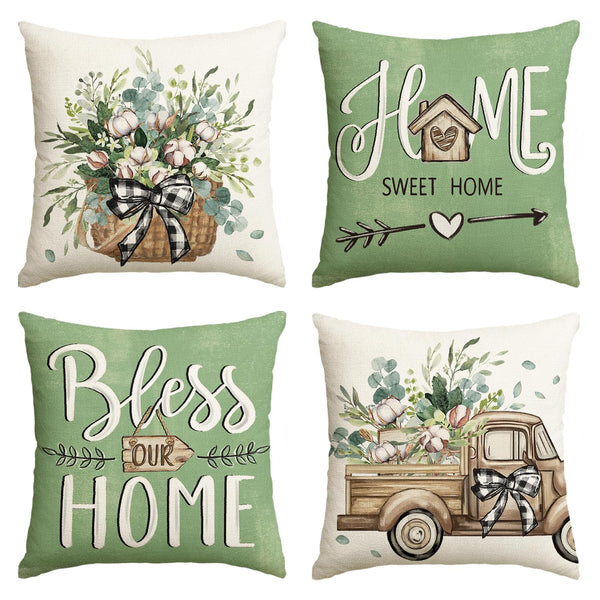 Bless Our Home Farmhouse Eucalyptus Leaves Throw Pillow Covers, 18" Truck Home Sweet
