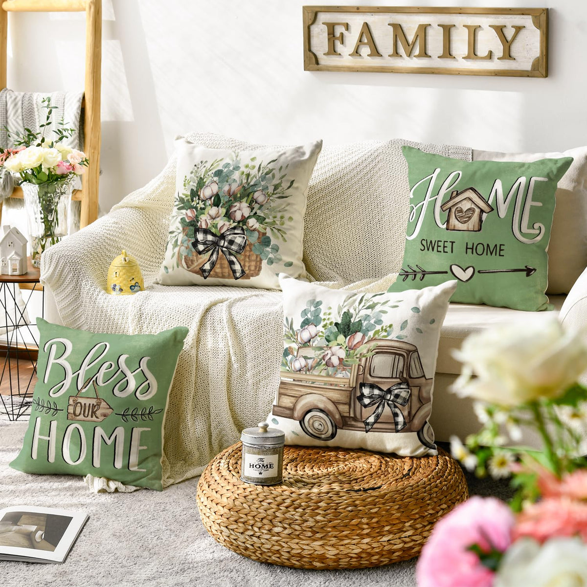 Bless Our Home Farmhouse Eucalyptus Leaves Throw Pillow Covers, 18" Truck Home Sweet