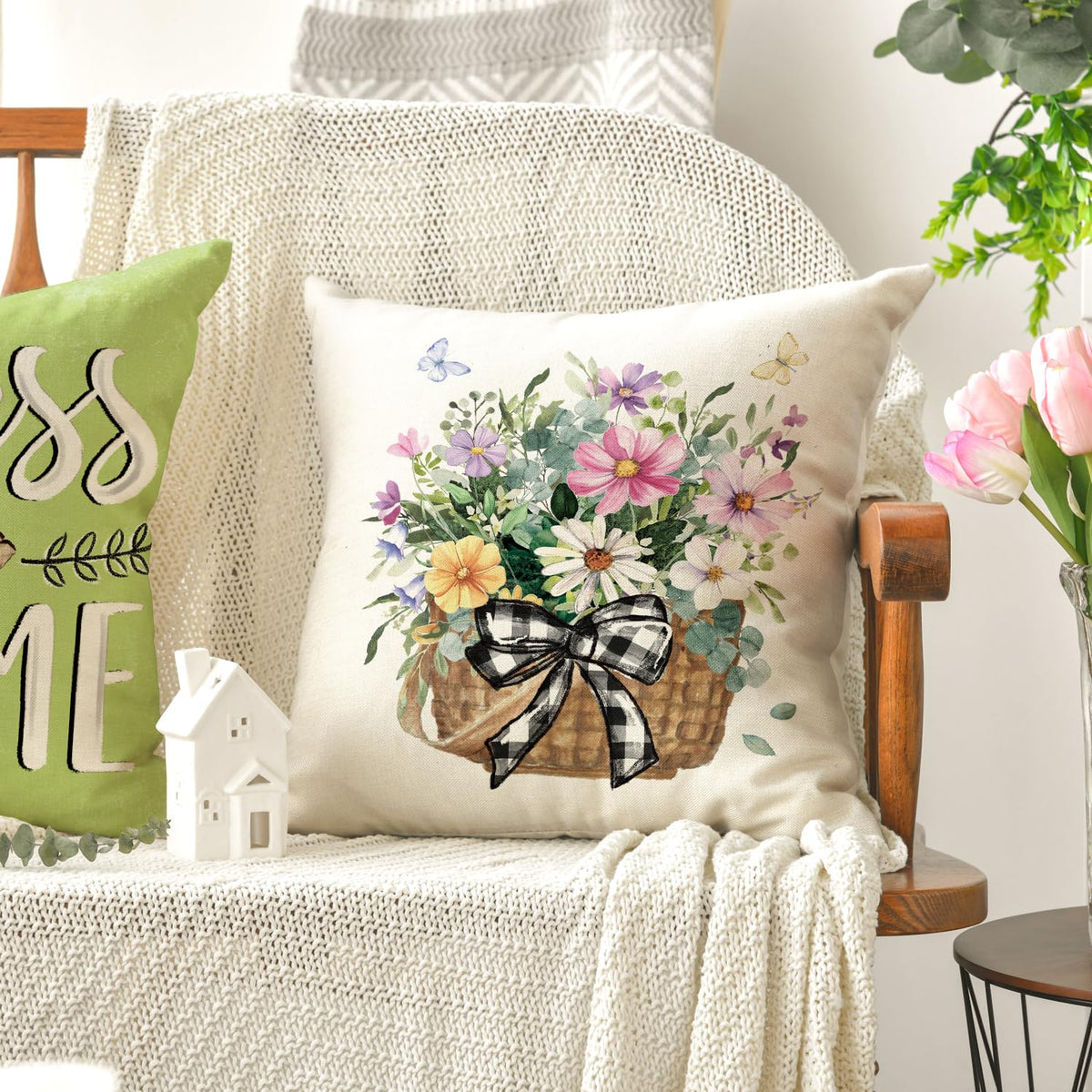 Bless Our Home Farmhouse Eucalyptus Leaves Throw Pillow Covers, 18" Truck Home Sweet