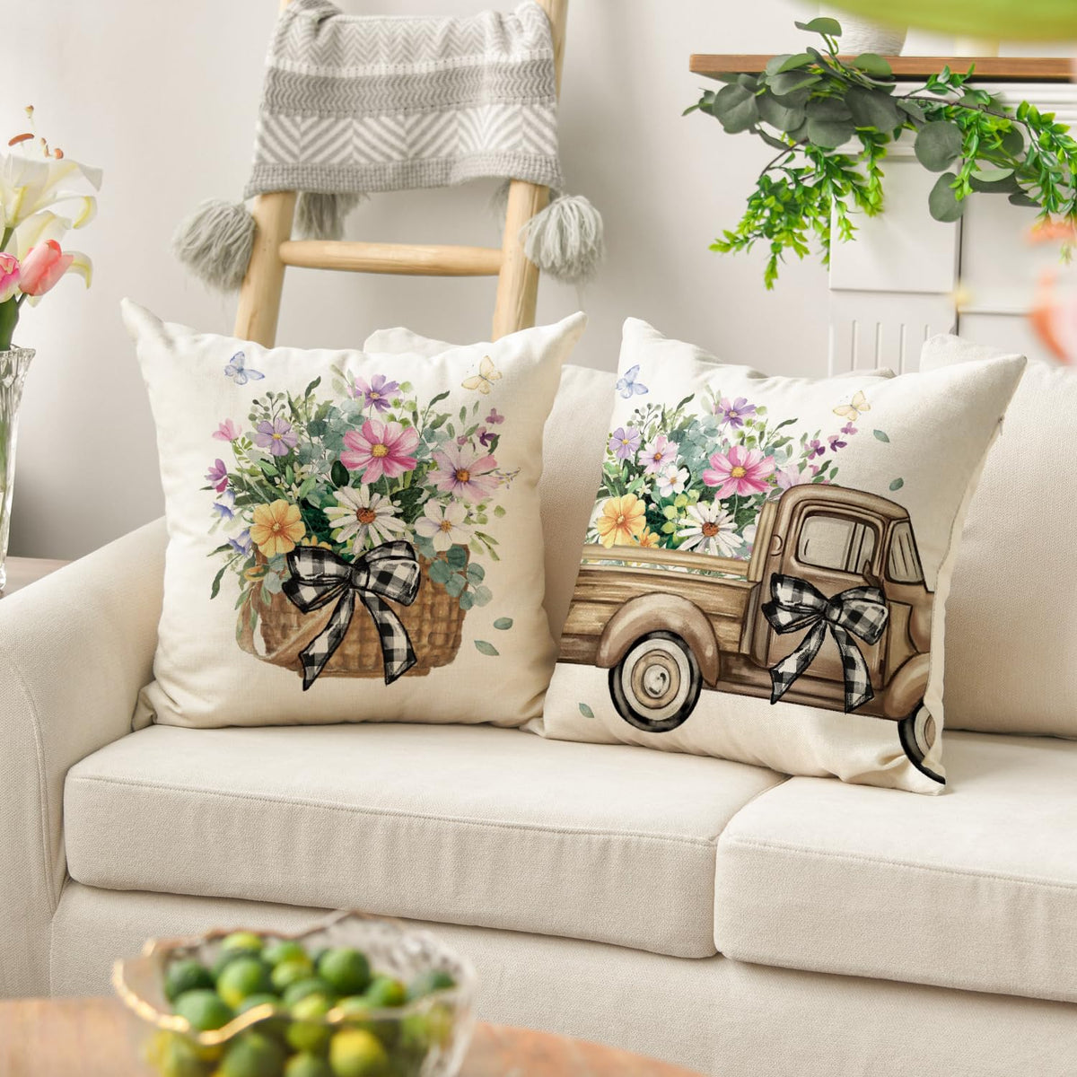 Bless Our Home Farmhouse Eucalyptus Leaves Throw Pillow Covers, 18" Truck Home Sweet