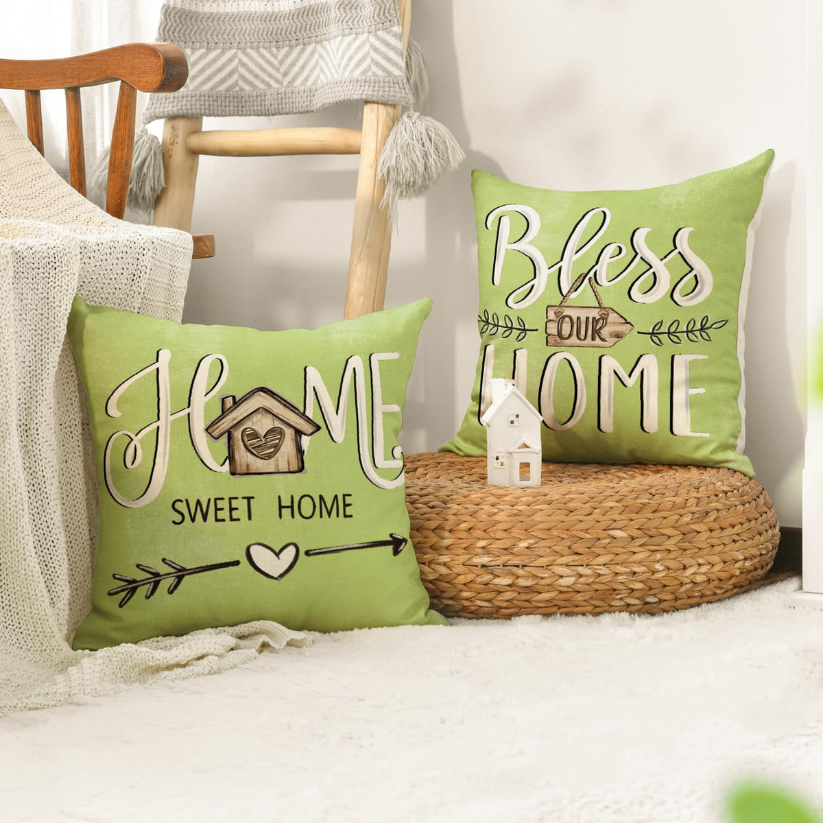 Bless Our Home Farmhouse Eucalyptus Leaves Throw Pillow Covers, 18" Truck Home Sweet
