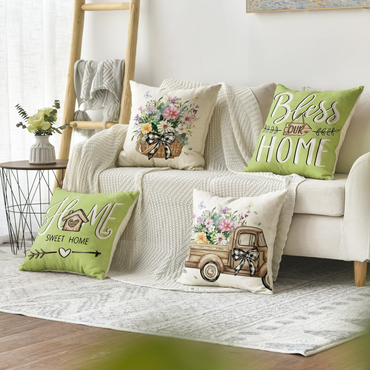 Bless Our Home Farmhouse Eucalyptus Leaves Throw Pillow Covers, 18" Truck Home Sweet
